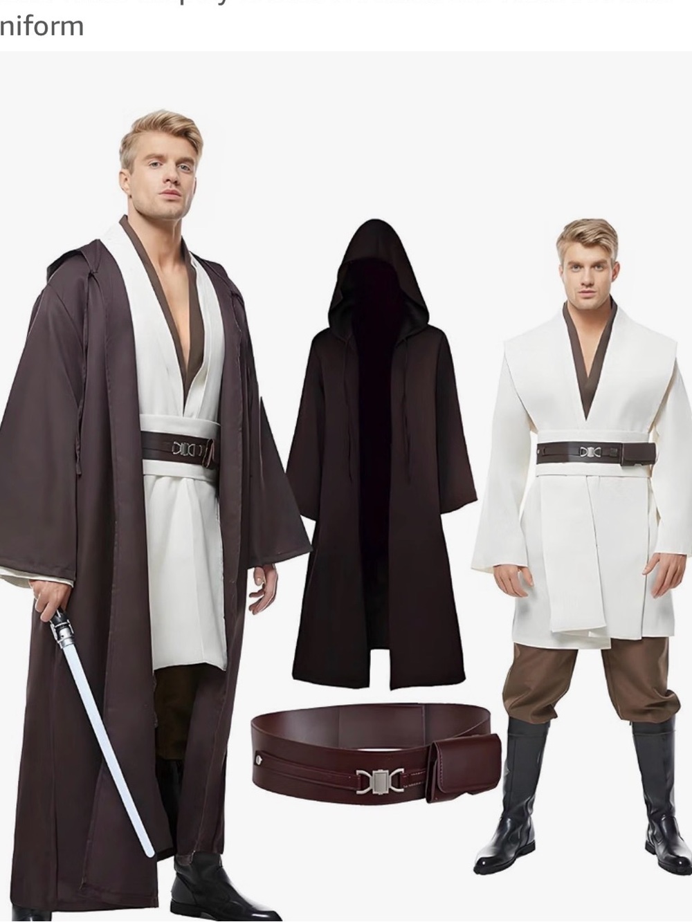 Men's Hooded Jedi-Style Robe and Tunic Set - Brown and White Halloween